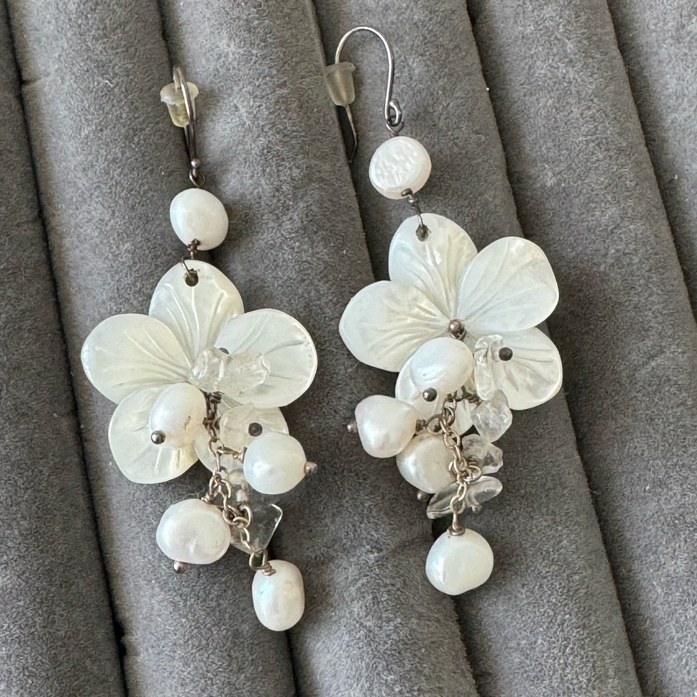 Flower Gen Mother Of Pearl Quartz Pearl Sterling  Vintage White Jangle Earrings